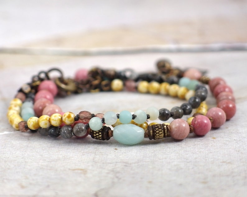 Pink rhodonite and amazonite jewelry stack OOAK Multi gemstone bracelet SET Natural blue labradorite One of a kind gift for women