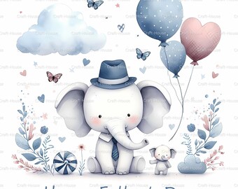 Felice festa del papà Design a sublimazione dell'elefante carino, Elliott Elefante e bambino JPG, PNG 300DPI, Design della carta per la festa del papà, Download digitale