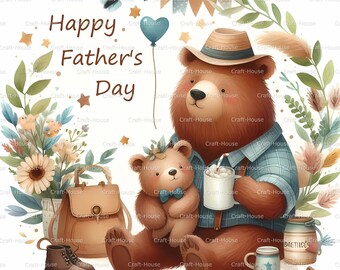 Felice festa del papà Papa Bear Sublimation Design, Papà Orso e bambino JPG, PNG 300DPI, Design della cartolina per la festa del papà, Download digitale