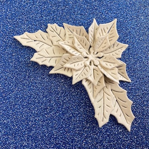 May include: A cream-coloured poinsettia flower and leaves, with detailed veining, arranged in a corner design. The floral arrangement is set against a sparkly, deep blue background, creating a festive holiday theme.