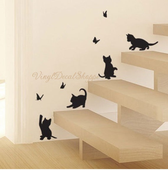 Kittens chasing Butterflies Decal Cute Wall Decal Staircase Etsy