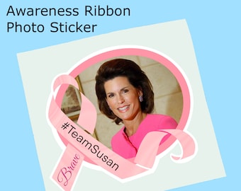 Breast Cancer Photo Sticker Awareness Ribbon, Personalized Vinyl Waterproof Sticker, Choice of Size
