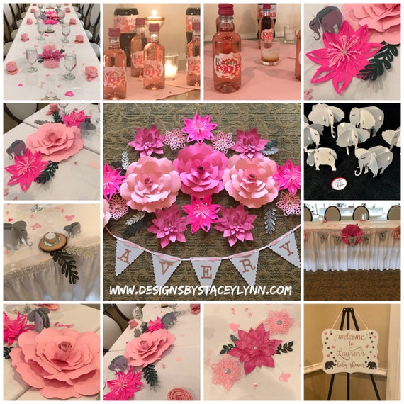Baby Shower Decoration Package | Paper Flowers | Baby Elephants | Name Banner | Bottle Labels | Confetti | Welcome Sign
