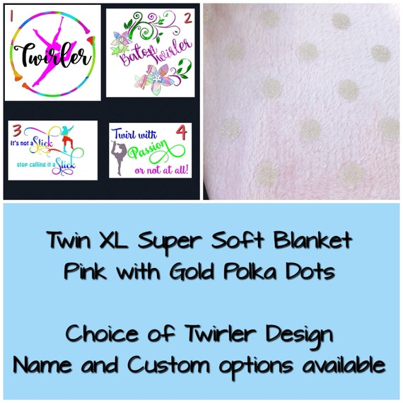 Custom TWIN XL Blanket for Baton Twirler | Light Pink with Gold Polka Dots | Design approx 14"x14" | Personalized Twin XL Blanket