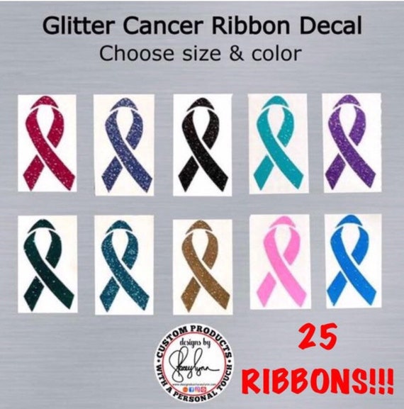 Bulk GLITTER Cancer Awareness Decal, 25 pieces | Awareness Ribbon decals for Yeti cups, tumblers, mugs, water bottles, cars, laptops and