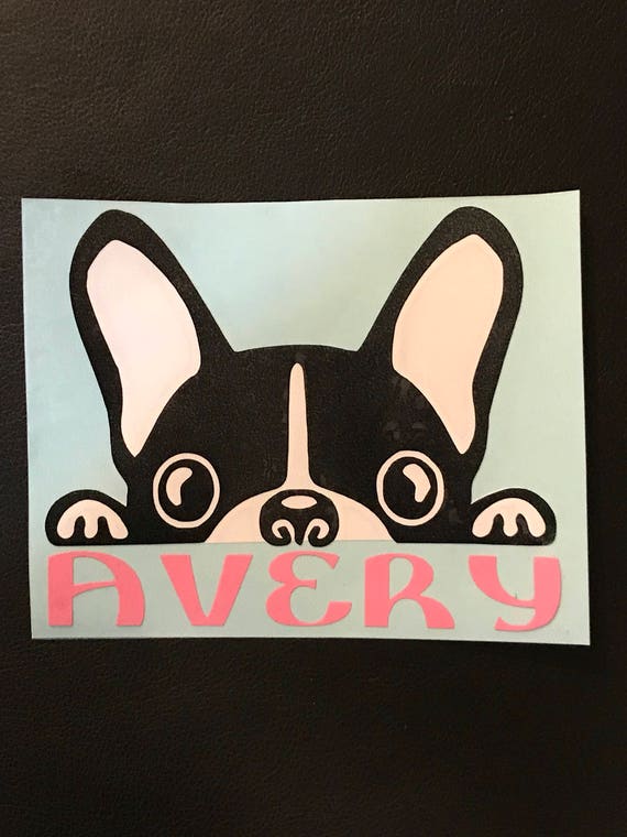 Peeking Boston Terrier name Decal | Black & White Boston or Frenchie | Waterproof decal