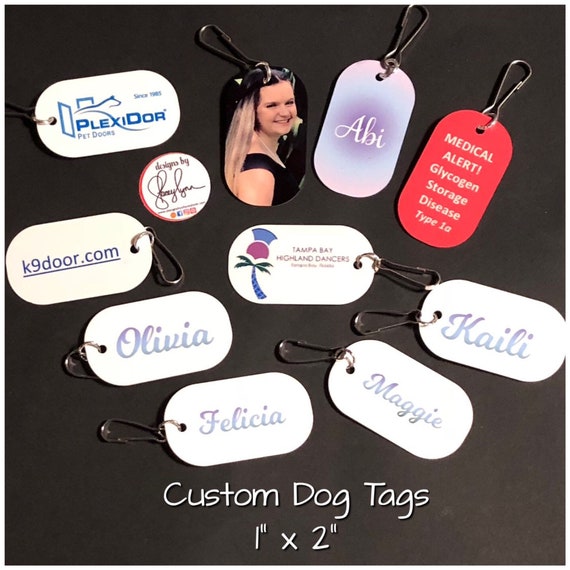 Custom dog tag, approx 1" x 2" , Single or double sided, customize with text or photos