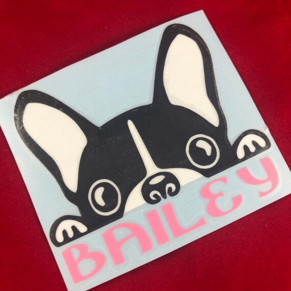 Peeking Boston Terrier name Decal | Black & White Boston or Frenchie | Waterproof decal