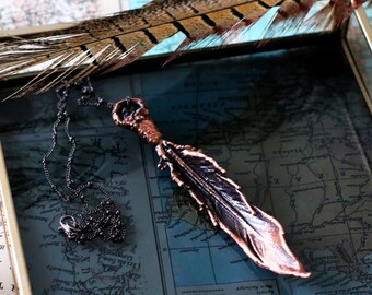 Bohemian Necklace, Real Feather Jewellery - Electroforming Necklace - Electroformed Pendant - Copper Necklace - Hippie Jewellery - Boho