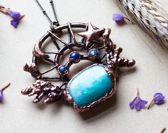Amazonite & Lapis Lazuli Necklace Electroformed in Copper, Celestial, Made With Real Leaves, Organic, Nature Inspired, One-Of-a-Kind