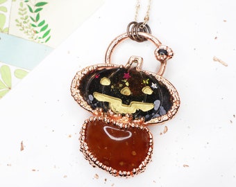 Resin Pumpkin Copper Necklace with Chunky Carnelian and tiny Garnet. Electroforming Jewellery, Electroformed Crystals, Jack-O-Lantern, UK