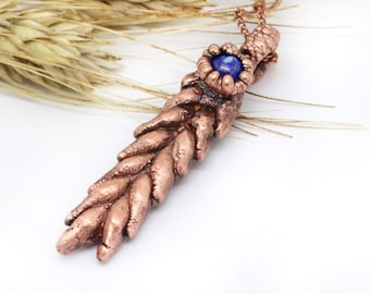 Real Wheat Electroformed in Copper with Lapis Lazuli, Jewellery Inspired by Nature, Copper Jewelry, Crystal Necklace, Lapis Lazuli Pendant