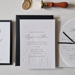 Invitación de boda con impresión tipográfica, moderna y minimalista, ilustración del lugar - Gisèle