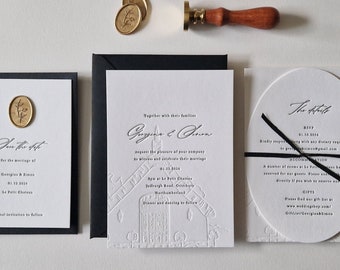 Letterpress Wedding Invitation, Modern, Minimal, Venue illustration - Gisèle