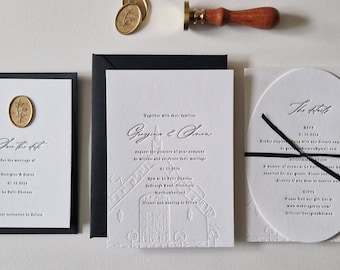 Letterpress Wedding Invitation, Modern, Minimal, Venue illustration - Gisèle