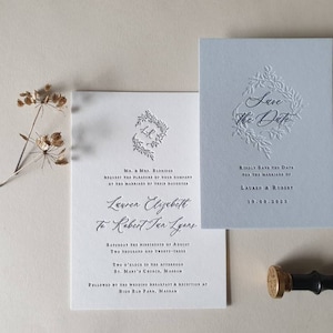 Letterpress Wedding Invitations, Rustic, Traditional, Wreath, Etienne sample