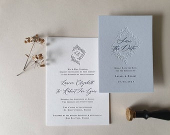 Letterpress Wedding Invitations, Rustic, Traditional, Wreath, Etienne sample