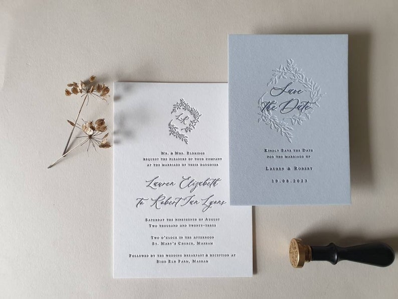 Letterpress Wedding Invitations, Rustic, Traditional, Wreath, Etienne sample image 1