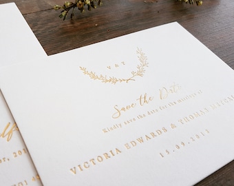 Gold Foil Wedding Save the Date, Wreath, Monogram, Minimal, Tilly Sample