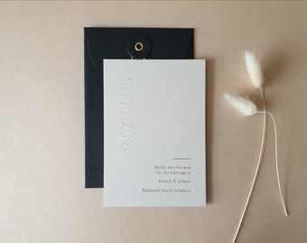 Gold Foil and Embossed Wedding Save the Date card, Modern, Minimal, Lucie Sample