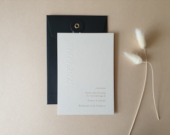 Gold Foil and Embossed Wedding Save the Date card, Modern, Minimal, Lucie Sample