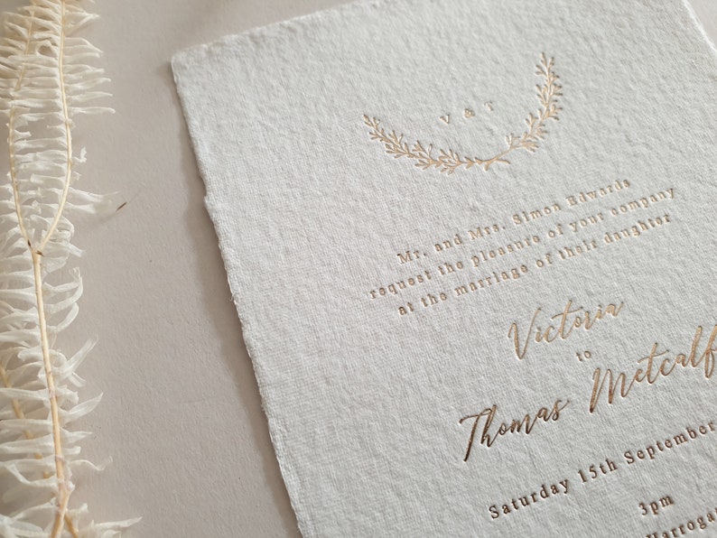 Gold Foil Wedding Invitation, Wreath, Monogram, Deckled, Torn edge, Minimal, Tilly Sample image 2