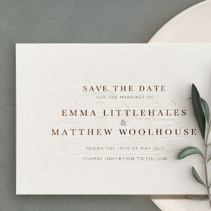 Tarjeta de boda con impresión tipográfica/estampado metálico, ilustración del lugar, muestra de Emmeline