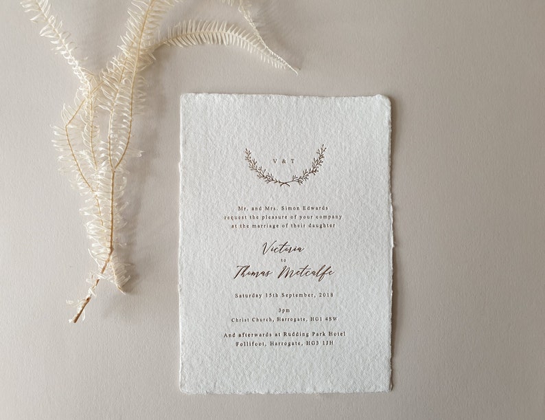 Gold Foil Wedding Invitation, Wreath, Monogram, Deckled, Torn edge, Minimal, Tilly Sample image 1
