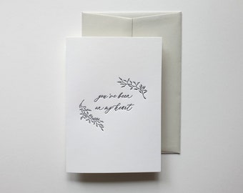 On my heart letterpress greeting card, sympathy, friendship, modern
