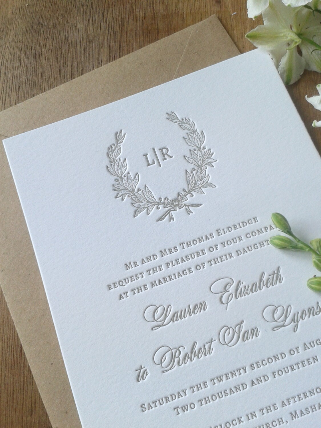 Letterpress Wedding Invitations Rustic Traditional Wreath Etsy