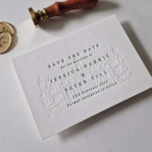 May include: Save the date card with a green embossed illustration of a building and the text "Save the Date for the marriage of Jessica Harris & Peter Till 12th February 2022 Formal invitation to follow."