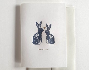 With Love Hares letterpress greeting card , love, friendship