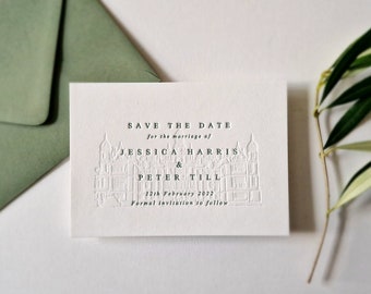 Letterpress Wedding Save the Date card, Modern, Minimal, Venue illustration - Emmeline