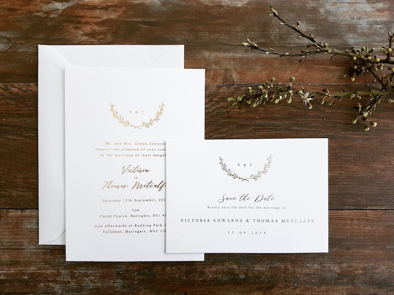 Gold Foil Wedding Invitation, Wreath, Monogram, Deckled, Torn edge, Minimal, Tilly Sample image 3