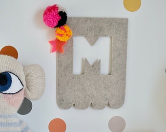 Personalised Letter Felt Banner Flag with Pom Poms and Acrylic Star  - Custom Kids Wall Hanging Nursery Decor