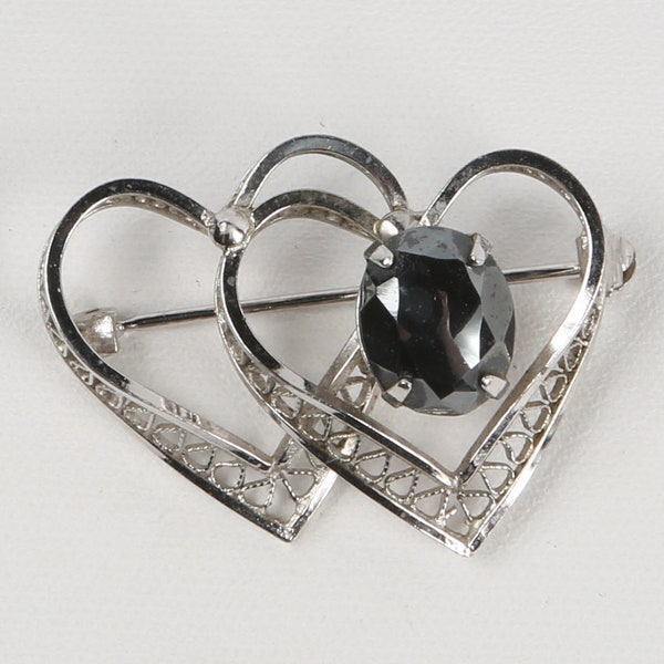 1950's Hematite Hearts Pin Sterling Silver Filigree Double Open Work Hearts w Genuine Faceted Brooch, Excellent Condition. Rollover Clasp.