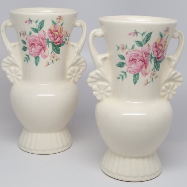 1940's Royal Copley Vases Spoulding China Co, Ohio Ceramic Vases (2) Ivory Background with Pink, Yellow, and Green  Rose Pattern