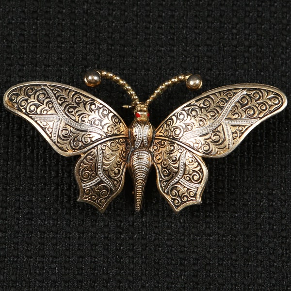1950's Faux Damascene Black, Red, White, Gold Tone Metal Butterfly Brooch, 2-5/8" W by 1-3/8" High, Highly Detailed Overall Texture
