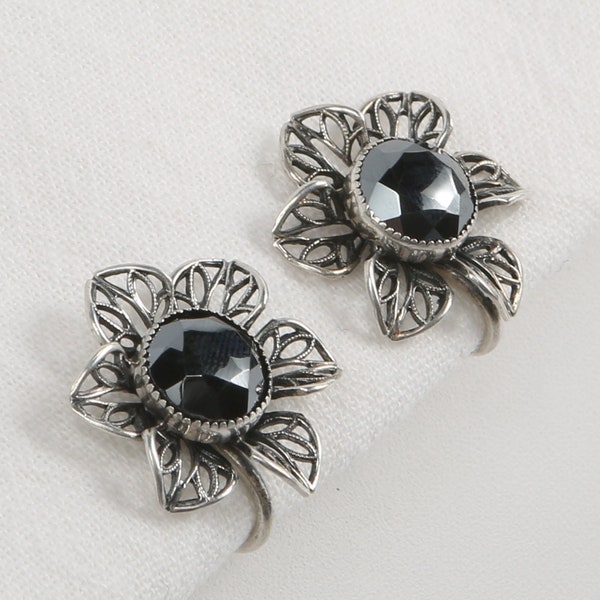 1940's Danecraft Earrings Sterling Filigree Articulated Overlapping Petals with Bezel Set Faceted Hematite Canters. Screw Back Earrings.