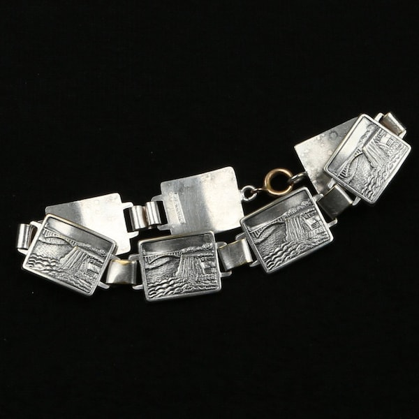 1960's Souvenir Bracelet Made in Holland, Silver Plate Souvenir Waterfall Plaque Link Bracelet, Great Condition, 7-3/4" Long, 9/16" Wide.