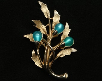 1950&#39;s EMMON&#39;s Brooch Pear Shaped Teal Moon Glow, Gold Tone Stems, Foliage Setting, Iconic of the Era, 2-5/8&#39; Long by 1-3/4&quot; High