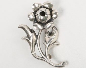 1950's BEAU Flower Brooch BEAU Sterling 3D Articulated Petals Stemmed Brooch, Exc Cond., 1-5/8" H X 1-1/16' W, Rollover Clasp, Maker Mark.