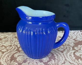 1950&#39;s Hazel Atlas Cobalt Blue Gay Rainbow Milk Pitcher, Cobalt Paint Over Milk Glass, Excellent VTG Condition, Size in Photo, Mid Century