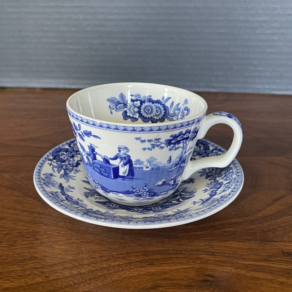 1990's "Girl at Well" The Spode Blue room Collection, Cup and Saucer, First Introduced in 1822, Scene n Flowers, Excellent VTG Cond, Unused
