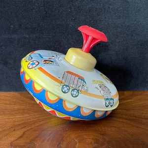 1960&#39;s OHIO ART Child&#39;s Spinning Top with Cute Circus Theme Graphics, White, Red, Blue, & Yellow, Works Great, Good Well Used VTG Condition