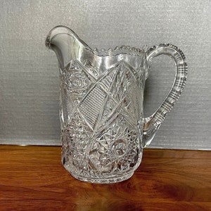 1950&#39;s-60&#39;s Unknown Maker, Resembles McKee &quot;Valtec&quot;, Heavy EAPG Fancy Pitcher, Stars, Fine Hobnail, Saw Tooth Top, Ribbed Handle, NO Damage.