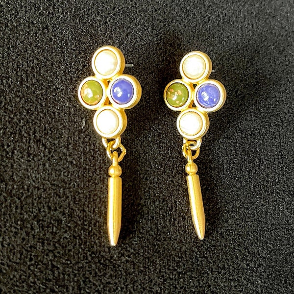 1990's Etruscan Style Gold Tone 4 Mixed Gem Art Glass Cabs Post Earrings w Needle Dangle, Strikingly Different, Excellent VTG Used Condition