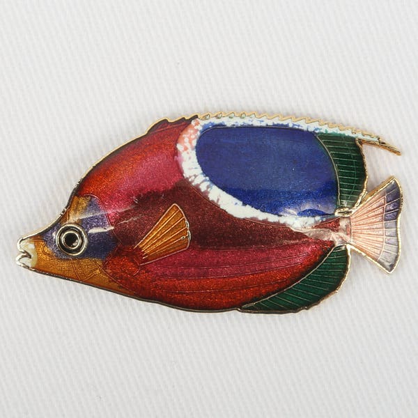 1980's Enamel Fish Brooch Multi Color Champleve' Enamel , Great VTG Cond., Some Very Minor Scuffs on Blue and Fin, Roll Over Clasp.