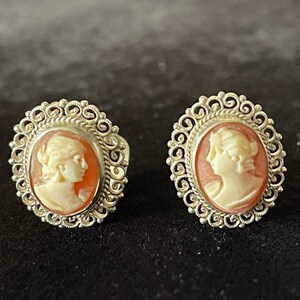 Late 1800's Victorian Carved Sardonyx Lady Cameos, .800 Silver Early Clip ons, Very Fine Filigree n Rope Halo, Exc. AQ Cond., Size in Photo.