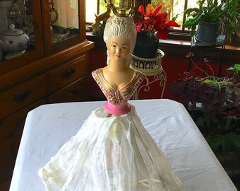 30's Art Deco Chalk-ware Colonial Lady Bust Dbl Lamp, (Skirt & Upper Shade), Skirt Frame, Finial Missing. Chalk Lady is in Excellent Cond.